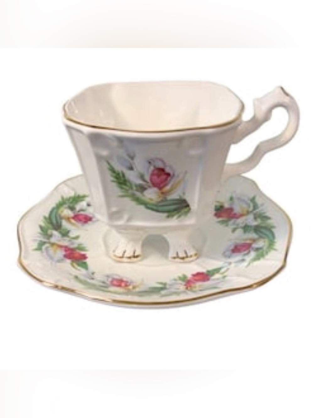 White Porcelain Floral Footed Teacup and Saucer with Pink Rose Accents